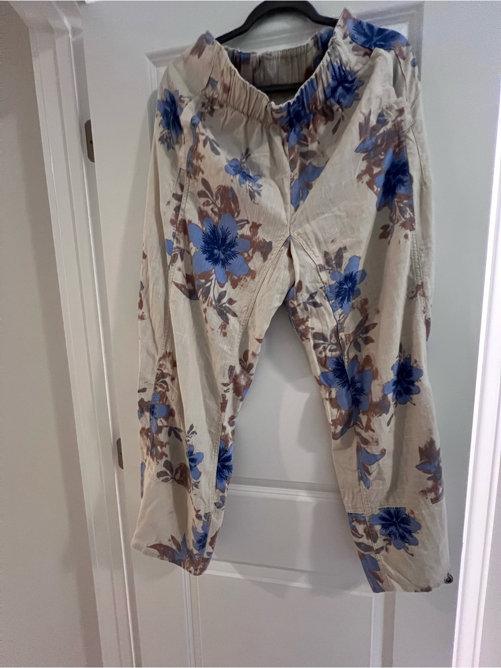 Free People Cream Wide-Leg Pants with Blue & Brown Floral Print